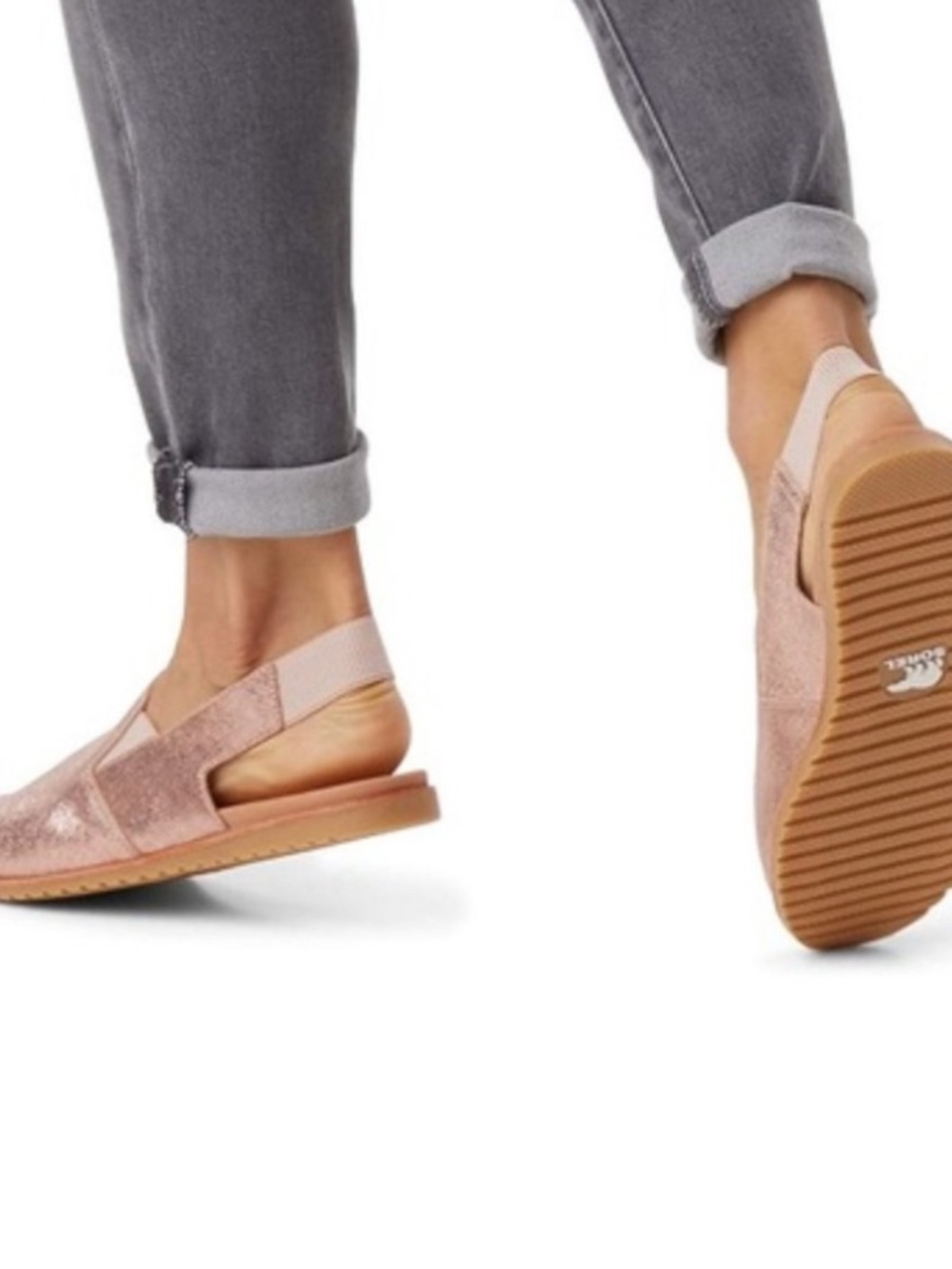 Sorel Ella Natural Tan Metallic Rose Gold Leather Slingback Sandal